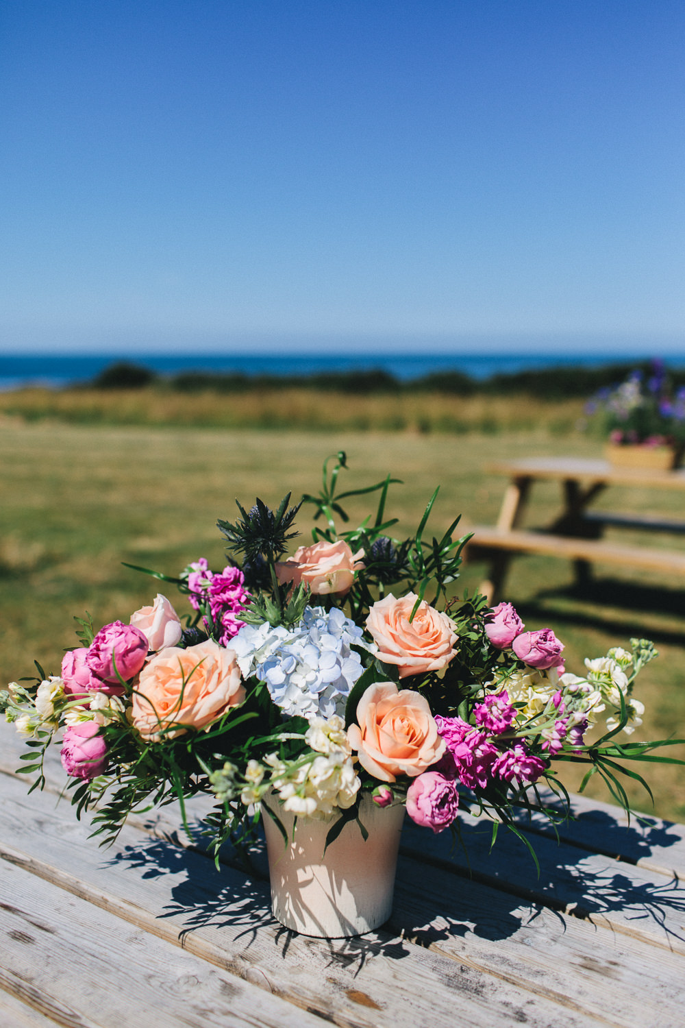 Flowers Floral Thistle Sea Holly Peach Rose Pink Blue Bach Wen Farm Wedding Jessica O'Shaughnessy Photography