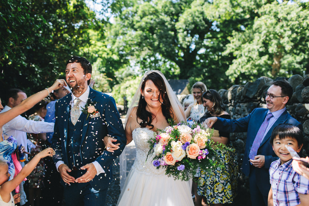 Bride Bridal Separates Sweetheart Neckline Strapless Tulle Floor Length Veil Colourful Multicolour Bouquet Three Piece Waistcoat Groom Confetti Bach Wen Farm Wedding Jessica O'Shaughnessy Photography