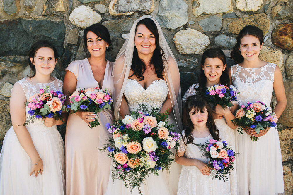 Bride Bridal Separates Sweetheart Neckline Strapless Tulle Floor Length Veil Colourful Purple Pink Peach Bouquet Lace Bridesmaids Bach Wen Farm Wedding Jessica O'Shaughnessy Photography