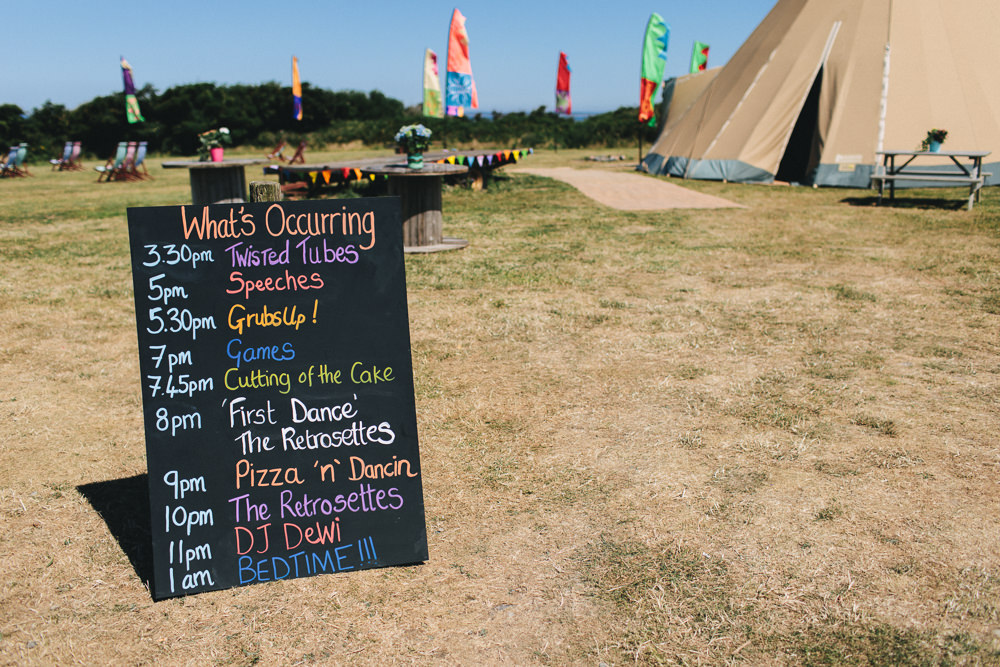 Multicolour Chalk Board Timings Festival Bach Wen Farm Wedding Jessica O'Shaughnessy Photography