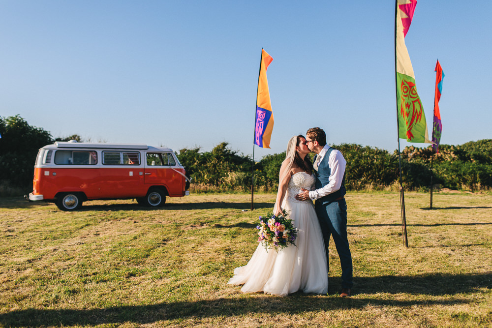 Bride Bridal Separates Sweetheart Neckline Strapless Tulle Floor Length Veil Three Piece Waistcoat Groom VW Camper Van Bach Wen Farm Wedding Jessica O'Shaughnessy Photography