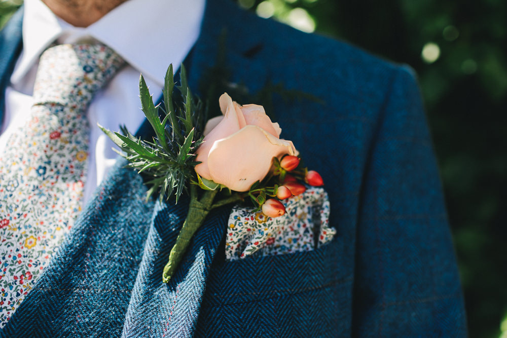 Peach Rose Thistle Buttonhole Paisley Pocket Square Bach Wen Farm Wedding Jessica O'Shaughnessy Photography