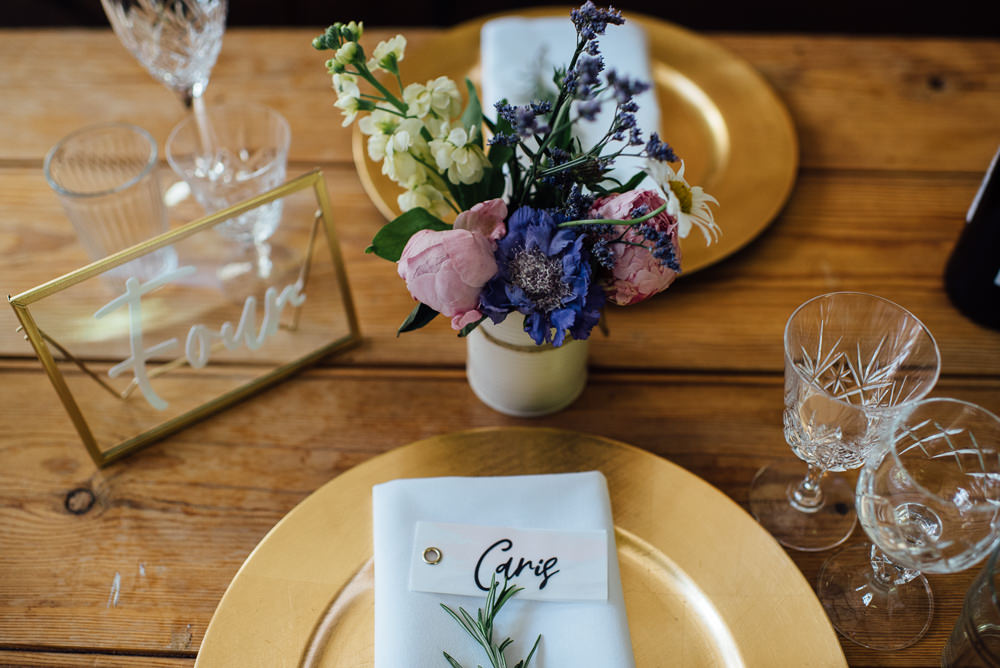Gold Plates Place Settings Watercolour Brush Place Names Calligraphy Rosemary Glass Acrylic Table Name Sign Barley Wood House Wedding The Shannons Photography