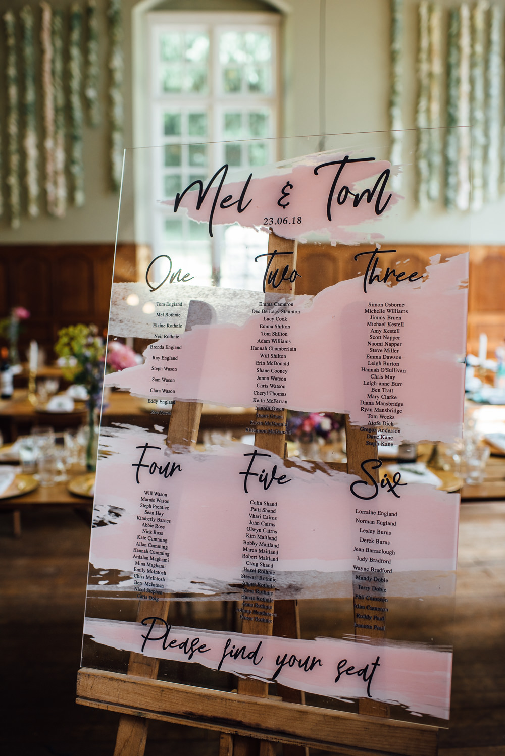 Perspex Acrylic Glass Table Plan Seating Chart Brush Paint Pink Calligraphy Modern Barley Wood House Wedding The Shannons Photography
