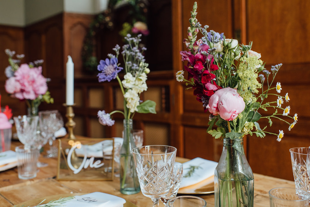 Flowers Bottles Wild Colourful Meadow Peony Daisy Table Decor Barley Wood House Wedding The Shannons Photography