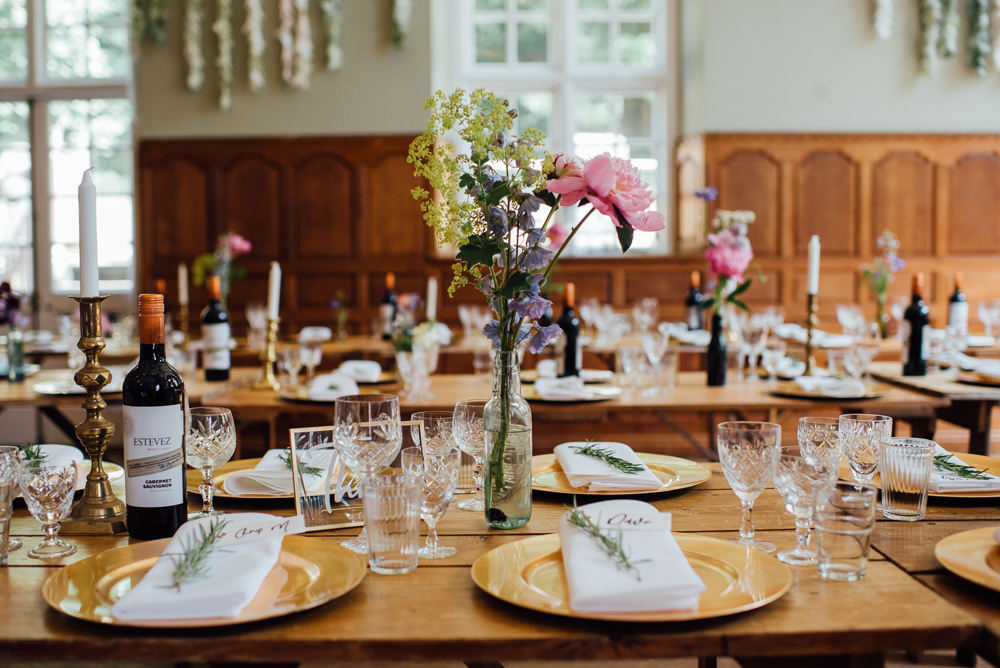Flowers Bottles Wild Colourful Meadow Peony Daisy Table Decor Barley Wood House Wedding The Shannons Photography