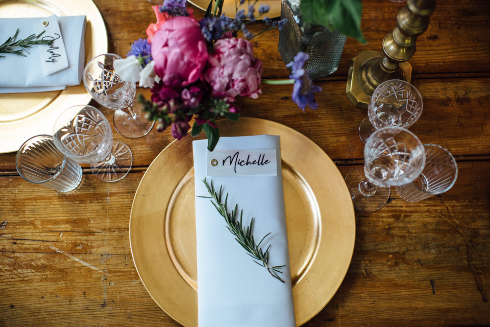 Gold Plates Place Settings Watercolour Brush Place Names Calligraphy Rosemary Glass Acrylic Table Name Sign Barley Wood House Wedding The Shannons Photography