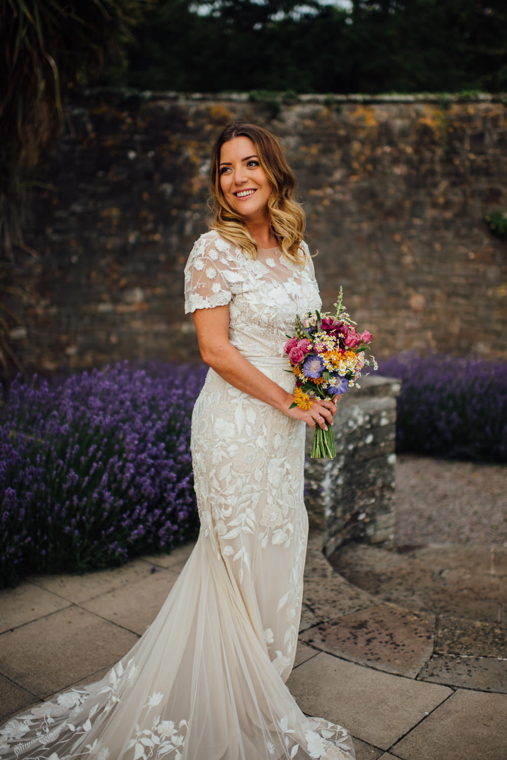 Dress Gown Bride Bridal Cap Sleeves Embroidered Personalised Floral Applique Hermione de Paula Train Veil Barley Wood House Wedding The Shannons Photography