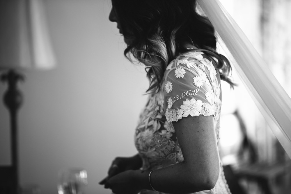 Dress Gown Bride Bridal Cap Sleeves Embroidered Personalised Floral Applique Hermione de Paula Train Veil Barley Wood House Wedding The Shannons Photography