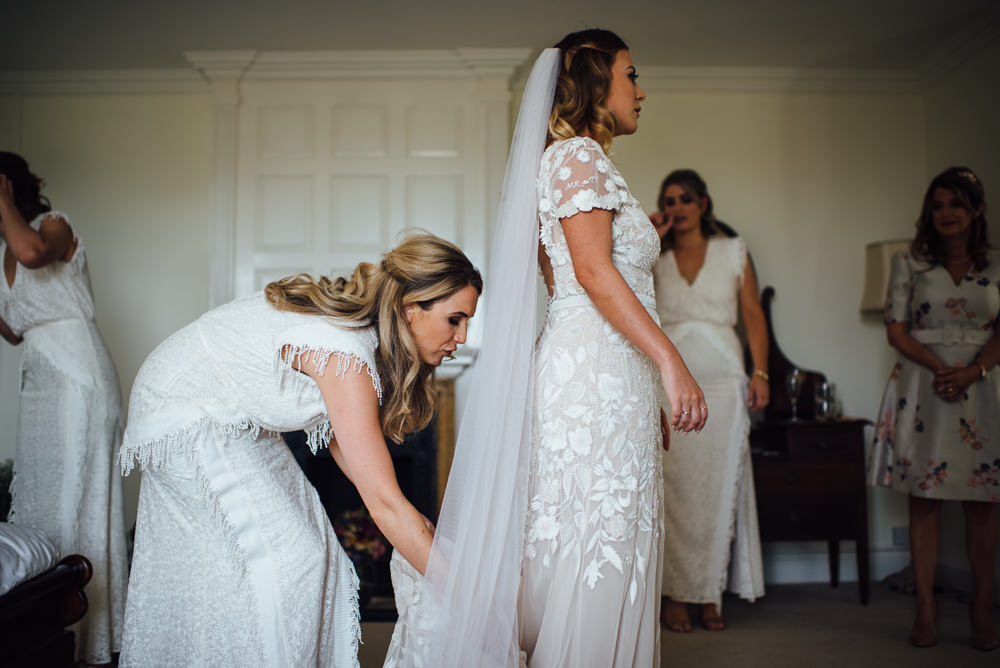 Dress Gown Bride Bridal Cap Sleeves Embroidered Personalised Floral Applique Hermione de Paula Train Veil Barley Wood House Wedding The Shannons Photography