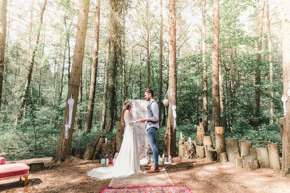Outdoor Ceremony Words Script Backdrop Paper Scroll Banner Persian Rug Aisle Boho Woodland Wedding Ideas Camp Katur Emily Olivia Photography