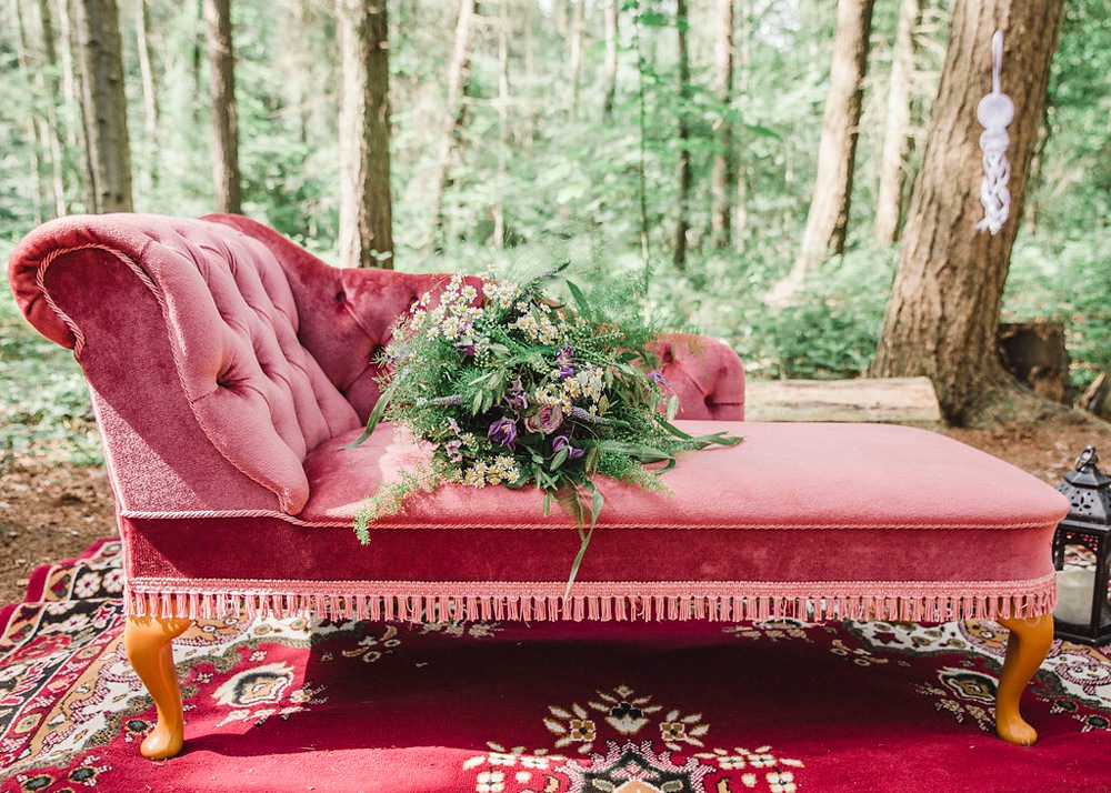 Velvet Chair Sofa Seat Bride Bridal Flowers Bouquet Greenery Foliage Purple Rose Daisy