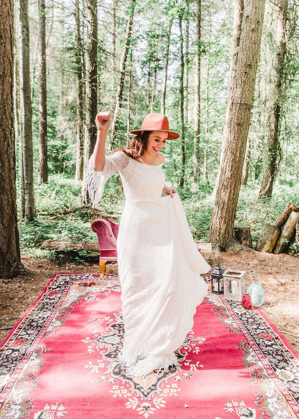 Fedora Hat Accessory Bride Bridal Gown Dress Fringed Tassel Bohemian Sleeves Train Boho Woodland Wedding Ideas Camp Katur Emily Olivia Photography
