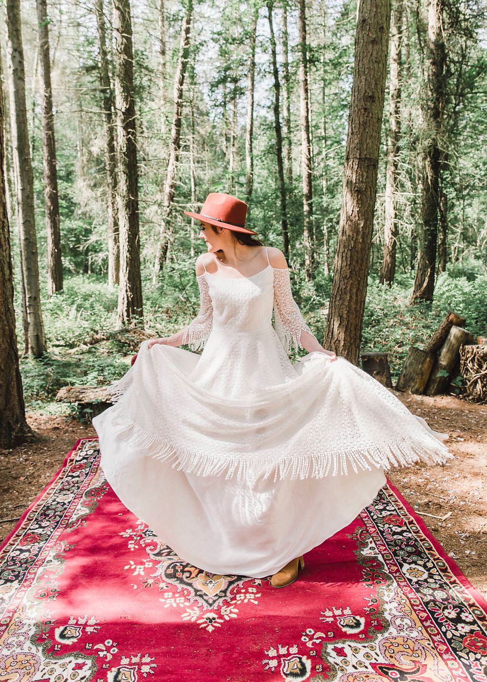 Fedora Hat Accessory Bride Bridal Gown Dress Fringed Tassel Bohemian Sleeves Train Boho Woodland Wedding Ideas Camp Katur Emily Olivia Photography