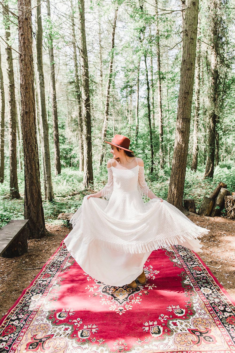 Fedora Hat Accessory Bride Bridal Gown Dress Fringed Tassel Bohemian Sleeves Train Boho Woodland Wedding Ideas Camp Katur Emily Olivia Photography