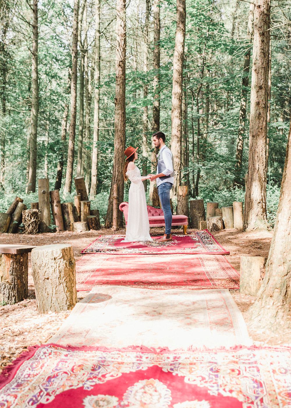 Outdoor Ceremony Words Script Backdrop Paper Scroll Banner Persian Rug Aisle Boho Woodland Wedding Ideas Camp Katur Emily Olivia Photography