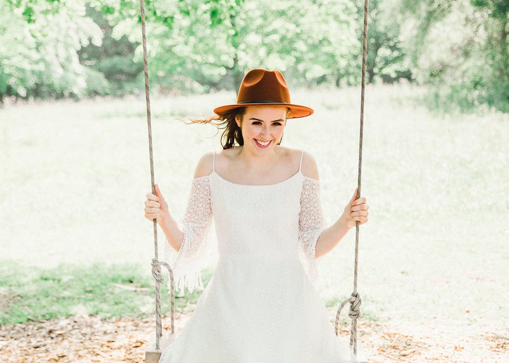 Bride Bridal Fedora Hat Style Accessory Swing Boho Woodland Wedding Ideas Camp Katur Emily Olivia Photography