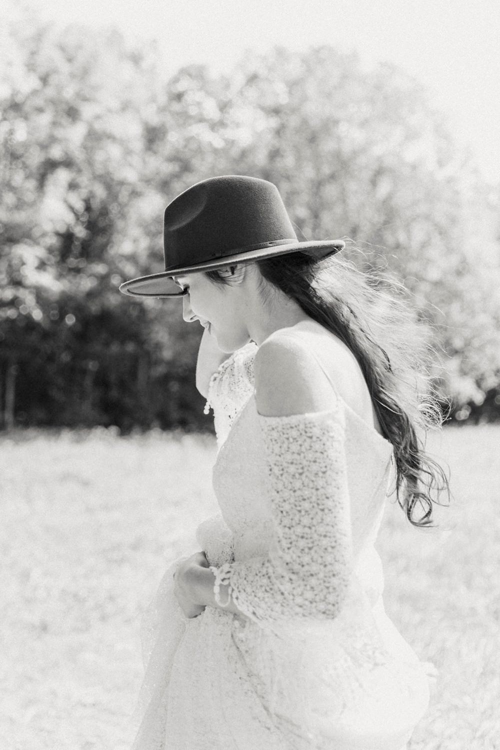 Fedora Hat Accessory Bride Bridal Gown Dress Fringed Tassel Bohemian Sleeves Train Boho Woodland Wedding Ideas Camp Katur Emily Olivia Photography