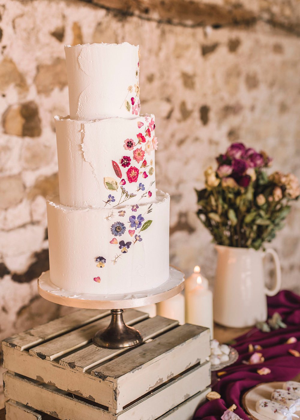 Cake Table Petals Pressed Flowers Pretty Crate Candles Boho Woodland Wedding Ideas Camp Katur Emily Olivia Photography
