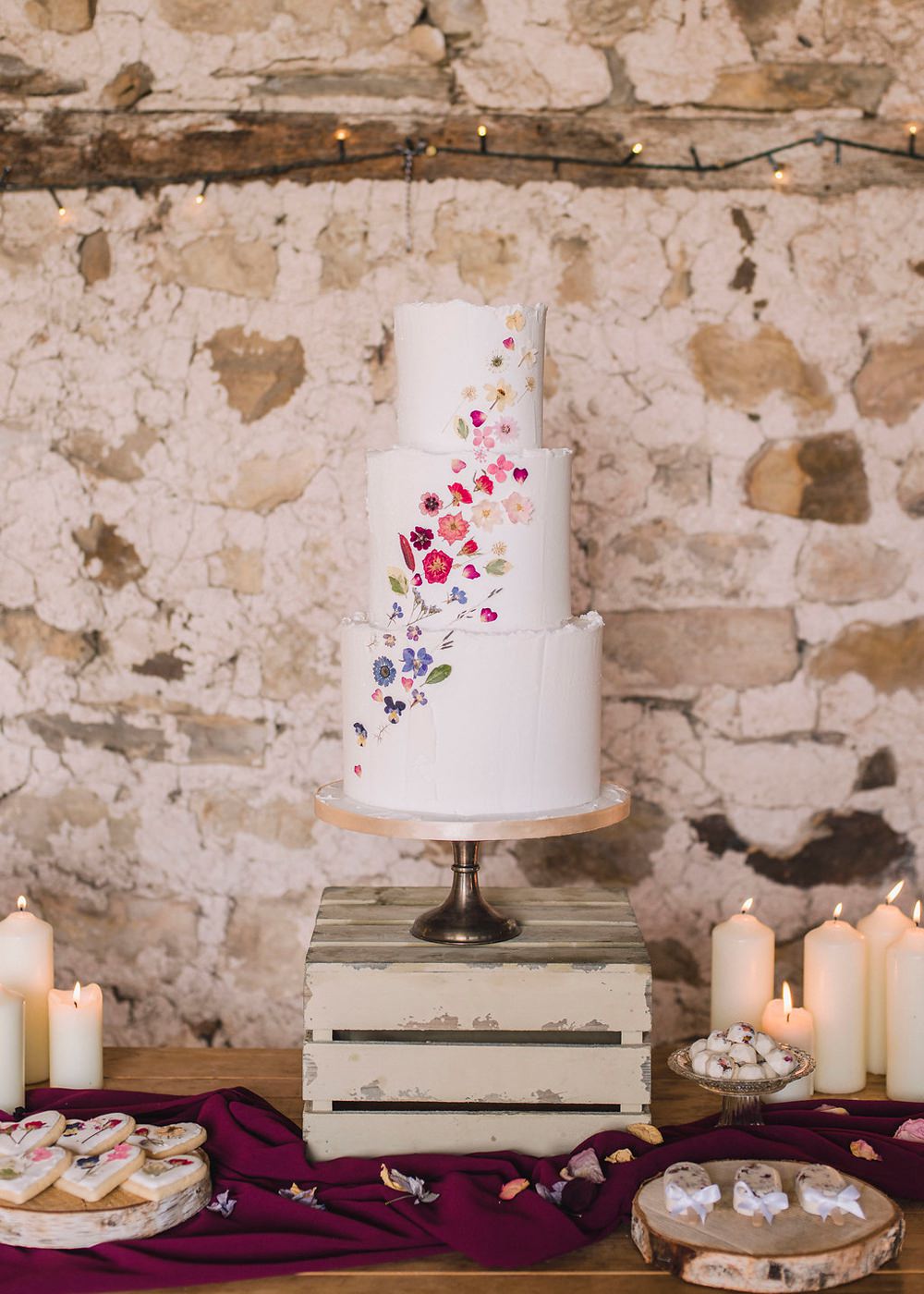 Cake Table Petals Pressed Flowers Pretty Crate Candles Boho Woodland Wedding Ideas Camp Katur Emily Olivia Photography