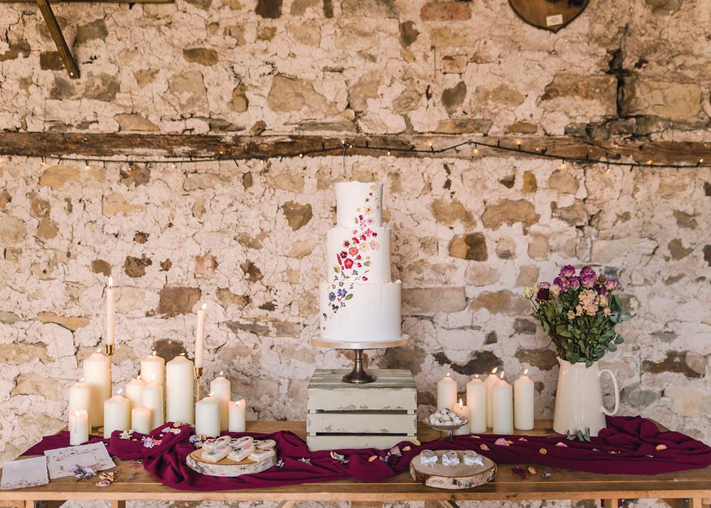 Cake Table Petals Pressed Flowers Pretty Crate Candles Boho Woodland Wedding Ideas Camp Katur Emily Olivia Photography