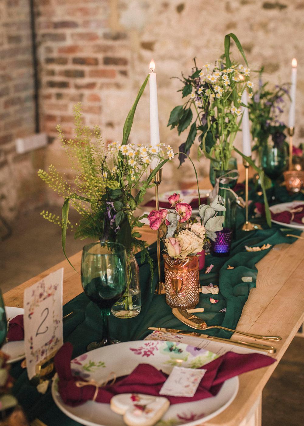 Tablescape Green Runner Fabric Candles Flowers Stationery Decor Boho Woodland Wedding Ideas Camp Katur Emily Olivia Photography