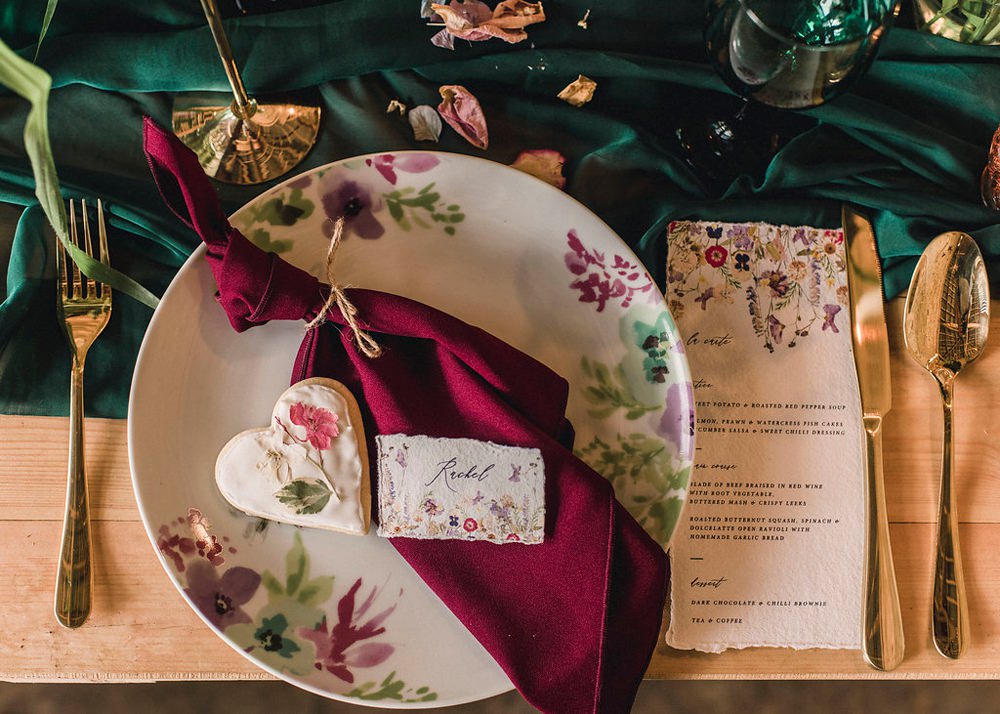 Place Setting Table Decor Napkin Floral Plates Heart Cookie Favours Green Linen Runner Boho Woodland Wedding Ideas Camp Katur Emily Olivia Photography