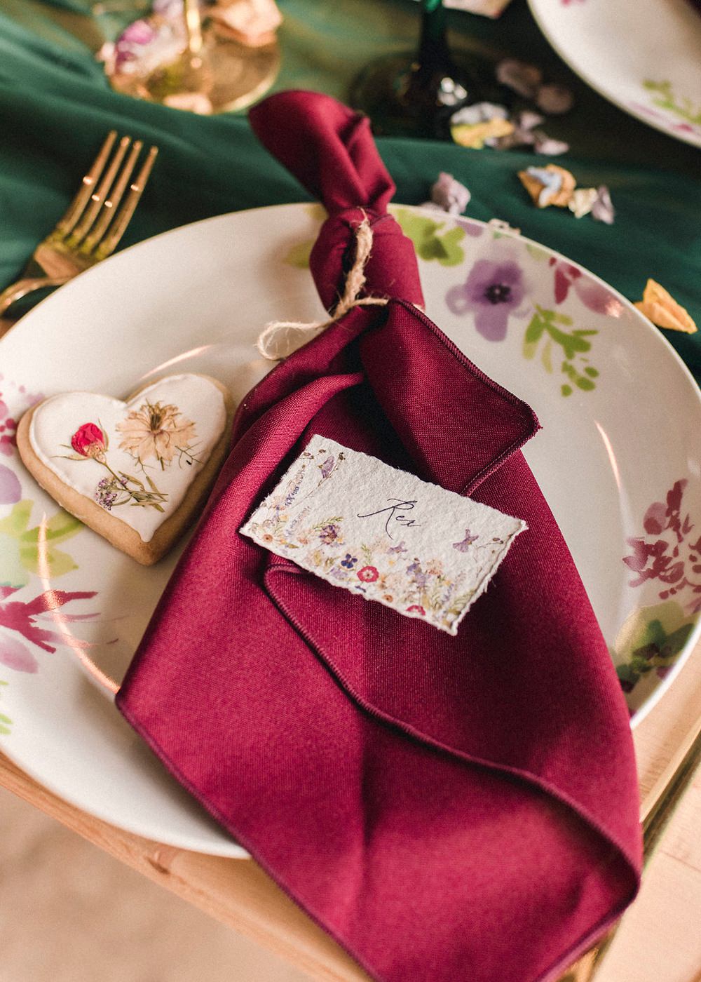 Place Setting Table Decor Napkin Floral Plates Heart Cookie Favours Green Linen Runner Boho Woodland Wedding Ideas Camp Katur Emily Olivia Photography