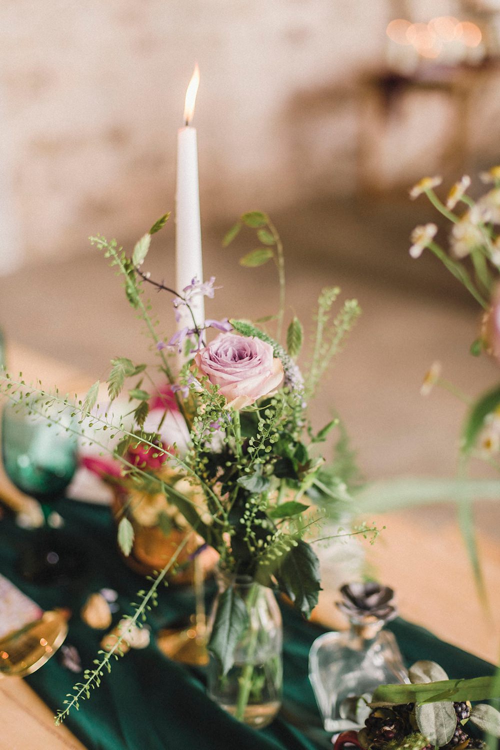 Table Flowers Candle Lilac Rose Boho Woodland Wedding Ideas Camp Katur Emily Olivia Photography