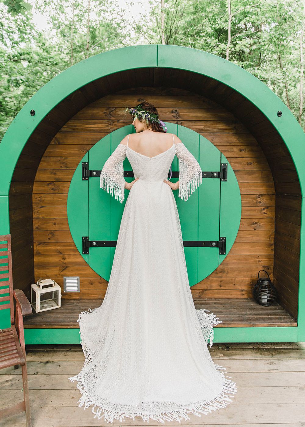 Bride Bridal Gown Dress Fringed Tassel Bohemian Sleeves Train Boho Woodland Wedding Ideas Camp Katur Emily Olivia Photography