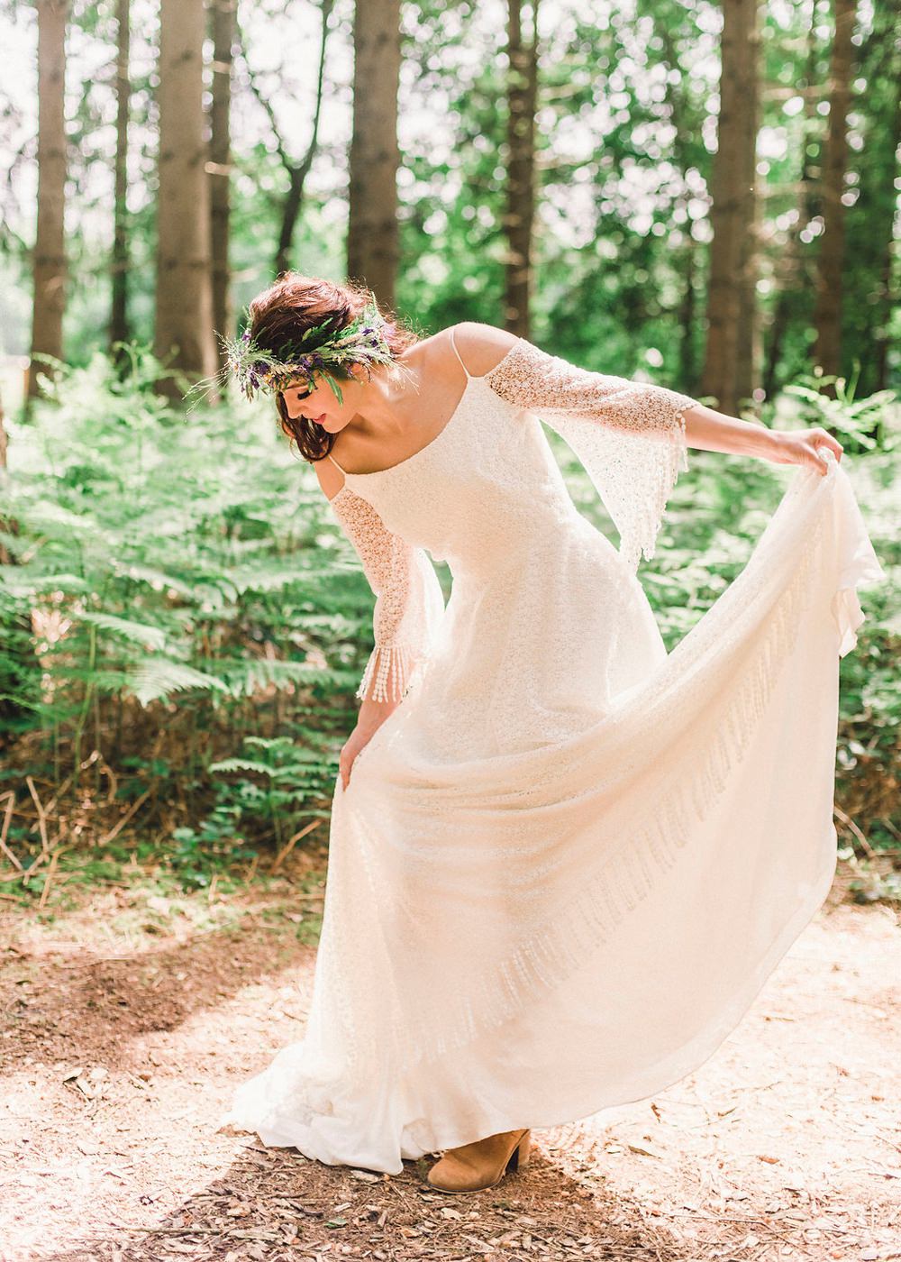 Bride Bridal Gown Dress Fringed Tassel Bohemian Sleeves Train Boho Woodland Wedding Ideas Camp Katur Emily Olivia Photography