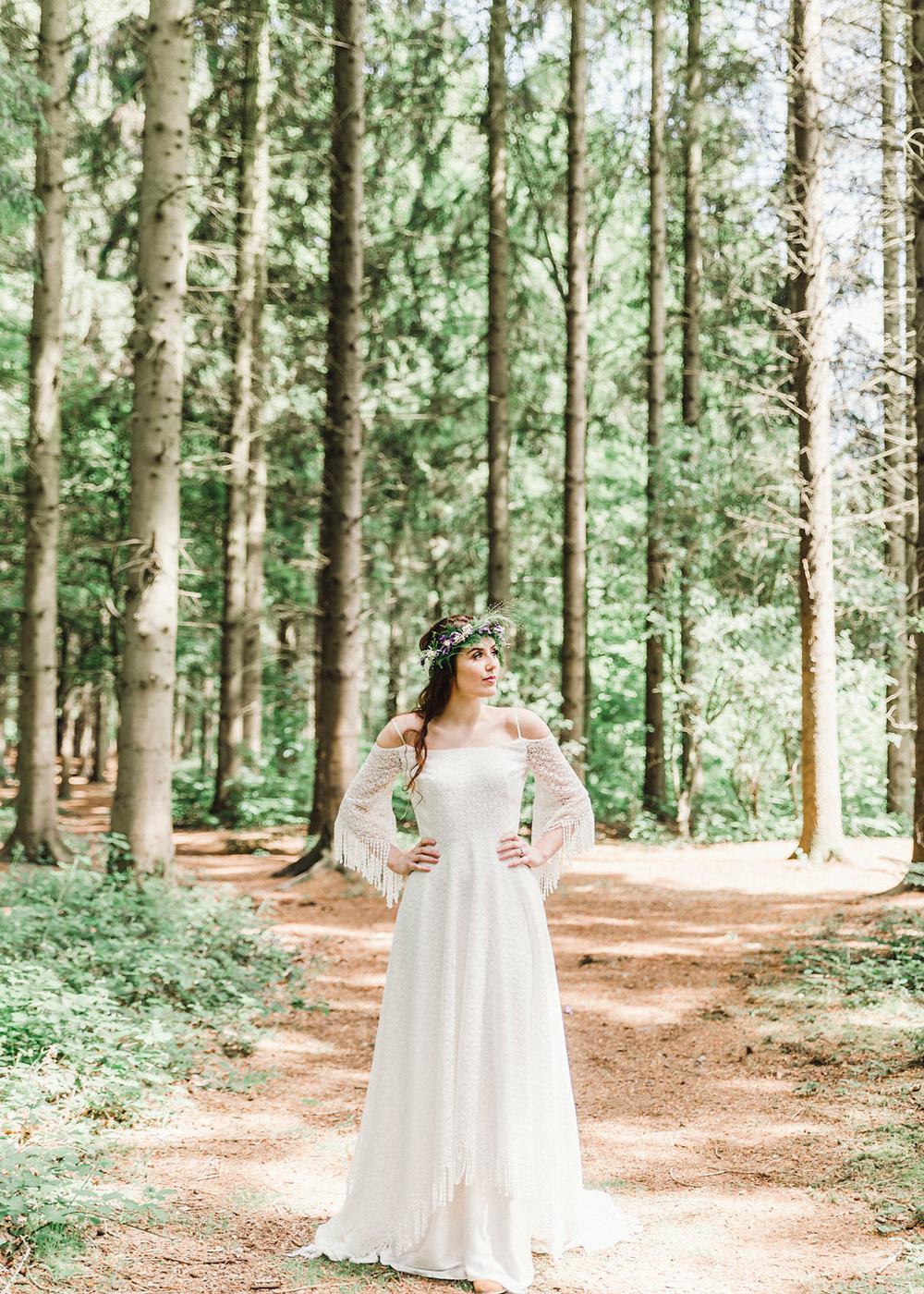 Bride Bridal Gown Dress Fringed Tassel Bohemian Sleeves Train Boho Woodland Wedding Ideas Camp Katur Emily Olivia Photography