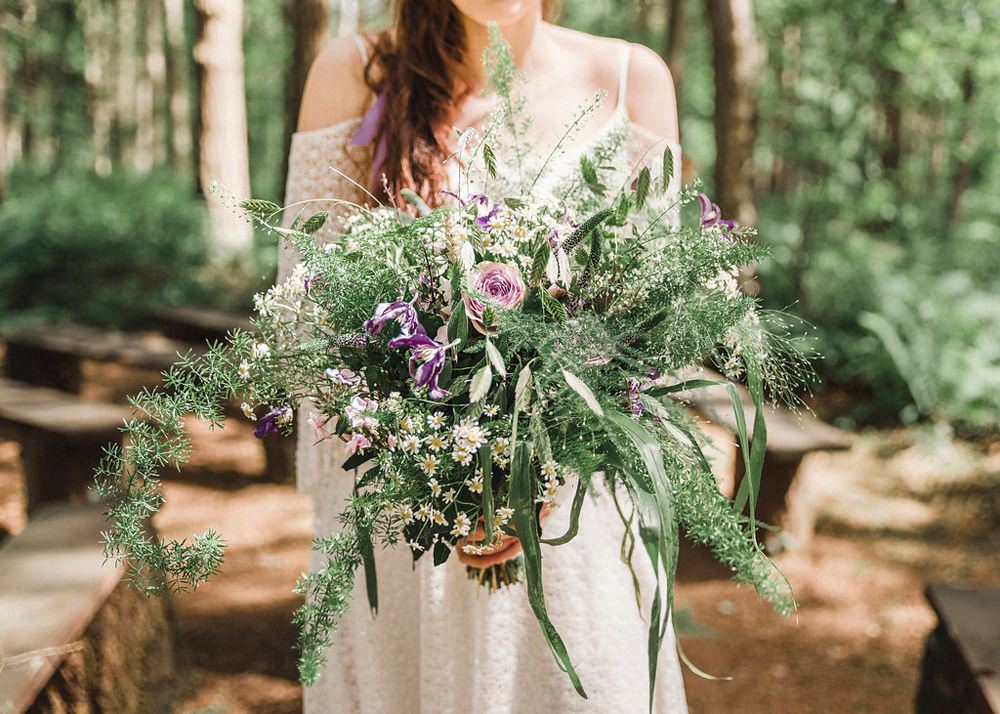 Bride Bridal Flowers Bouquet Greenery Foliage Purple Rose Daisy Wild Boho Woodland Wedding Ideas Camp Katur Emily Olivia Photography