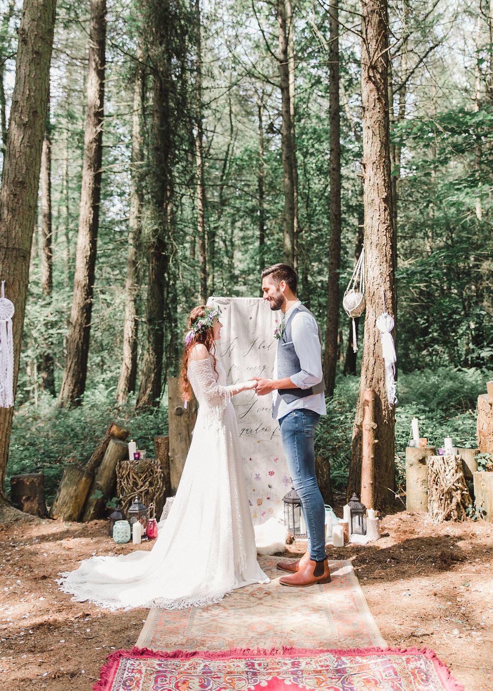Outdoor Ceremony Words Script Backdrop Paper Scroll Banner Persian Rug Aisle Boho Woodland Wedding Ideas Camp Katur Emily Olivia Photography