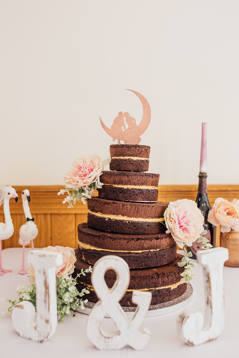 Chocolate Fudge Tiered Cake Moon Flamingo Peony Pink Flamingo Celestial Country Wedding Florence Fox Photography