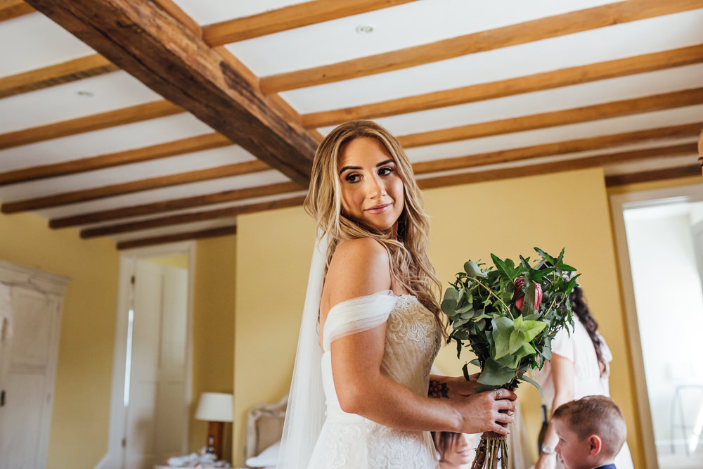 Bride Bridal Wedding Dress Off Shoulder Strapless Veil Celestial Country Wedding Florence Fox Photography