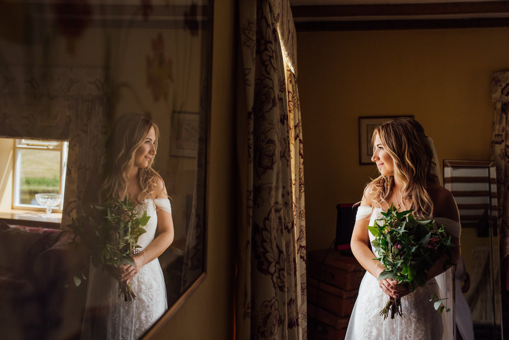 Bride Bridal Wedding Dress Off Shoulder Strapless Lace Veil Celestial Country Wedding Florence Fox Photography