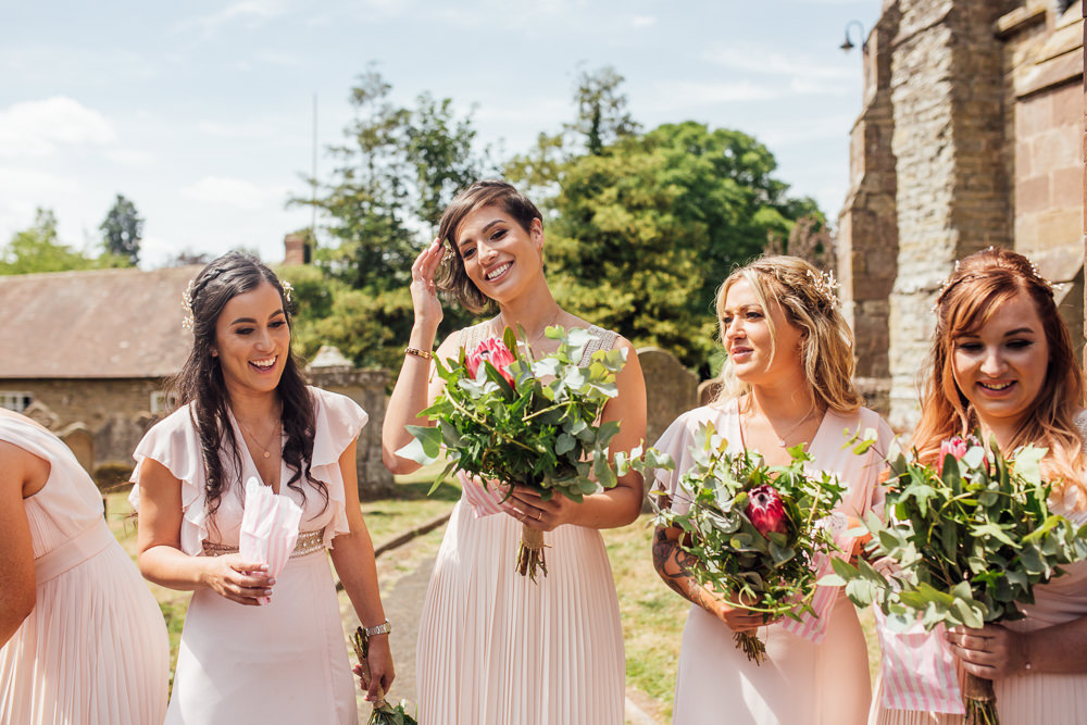 Pink Blush Bridesmaids Mismatched Greenery Foliage Bouquets Celestial Country Wedding Florence Fox Photography