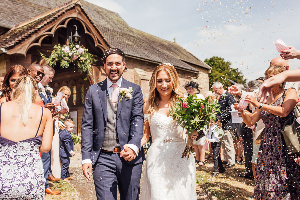 Bride Bridal Dress Overlay Veil Lace Strapless Off Shoulder Groom Three Piece Tweed Waistcoat Pink Tie Confetti Celestial Country Wedding Florence Fox Photography