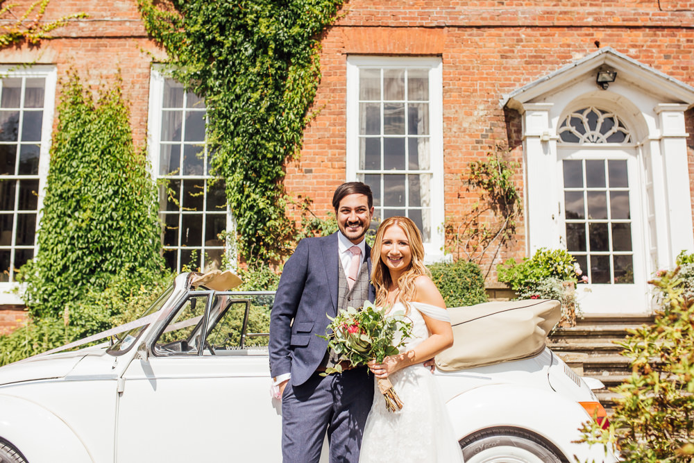 Bride Bridal Dress Overlay Veil Lace Strapless Off Shoulder Groom Three Piece Tweed Waistcoat Pink Tie Transport VW Beetle Celestial Country Wedding Florence Fox Photography
