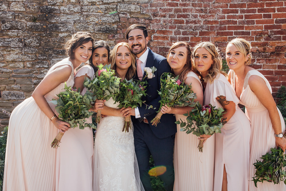 Bride Bridal Dress Overlay Veil Lace Strapless Off Shoulder Groom Three Piece Tweed Waistcoat Pink Tie Pink Blush Mismatched Bridesmaids Greenery Foliage Bouquet Celestial Country Wedding Florence Fox Photography