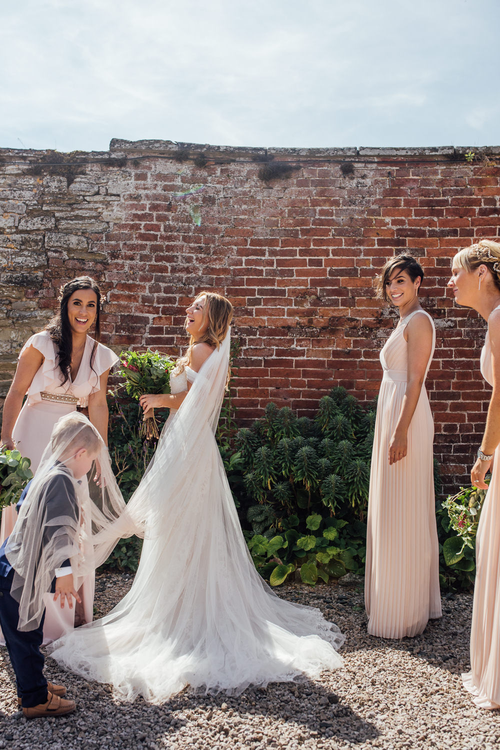 Bride Bridal Dress Overlay Veil Lace Strapless Off Shoulder Veil Pink Blush Mismatched Bridesmaids Page Boy Celestial Country Wedding Florence Fox Photography