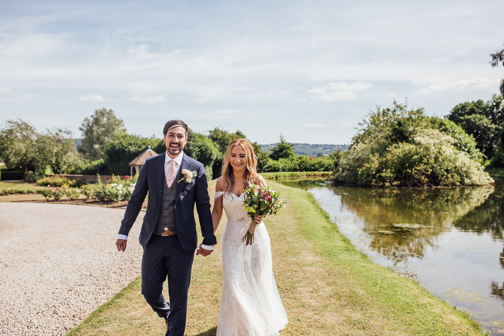 Bride Bridal Dress Overlay Veil Lace Strapless Off Shoulder Groom Three Piece Tweed Waistcoat Pink Tie Celestial Country Wedding Florence Fox Photography