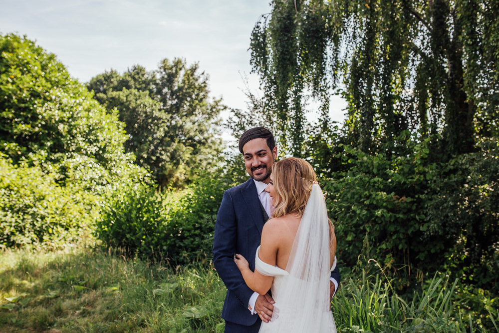 Bride Bridal Dress Overlay Veil Lace Strapless Off Shoulder Groom Three Piece Tweed Waistcoat Pink Tie Celestial Country Wedding Florence Fox Photography