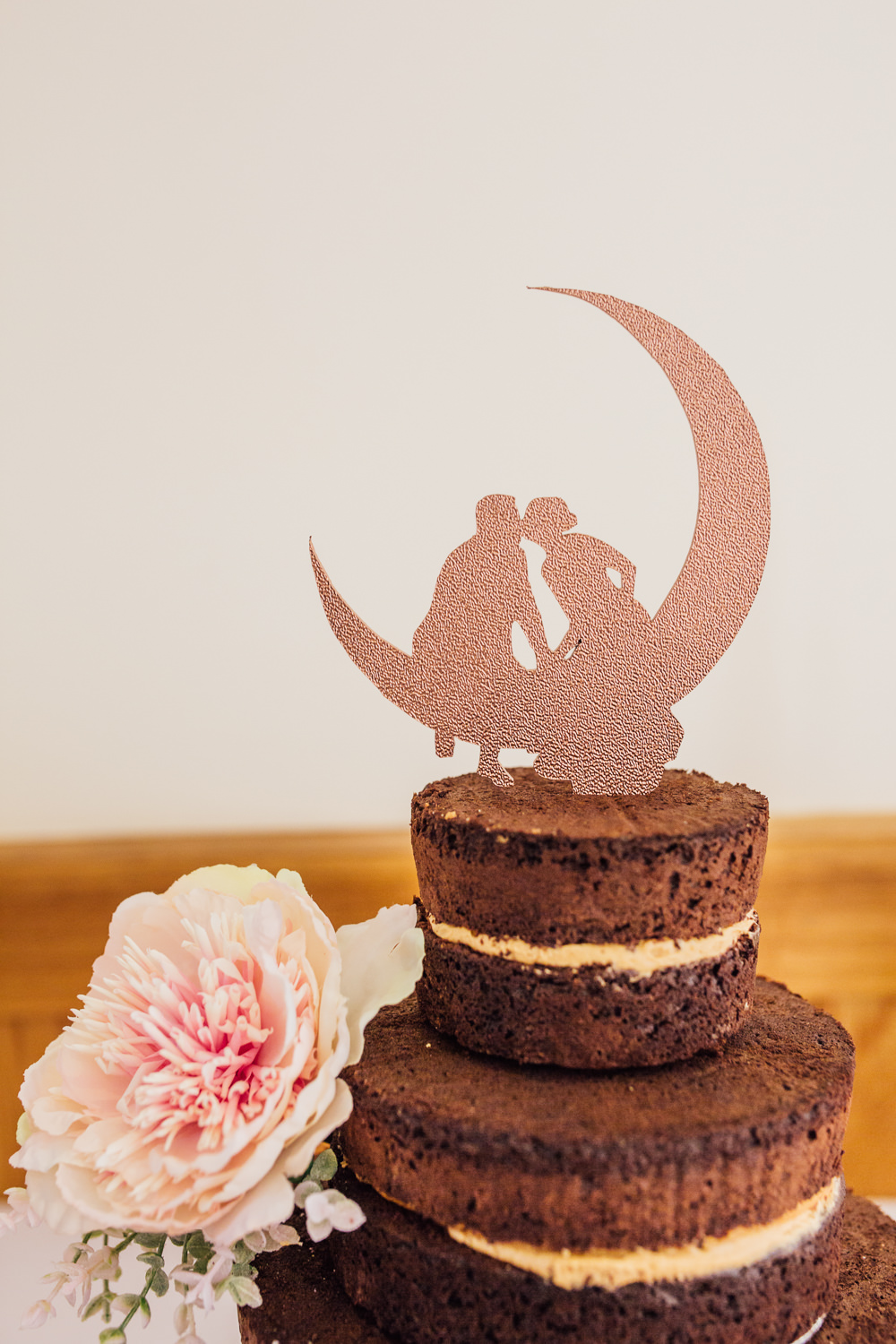 Chocolate Fudge Cake Tiered Moon Cut Out Topper Pink Peony Celestial Country Wedding Florence Fox Photography