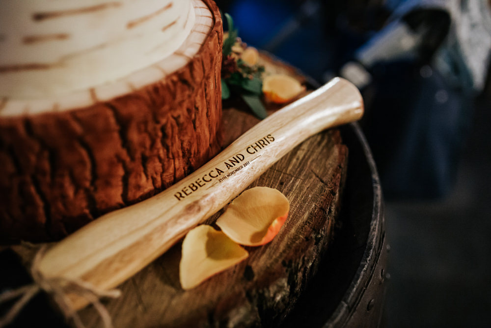 Cake Log Wood Slice Axe Cubley Hall Wedding Photography by Charli