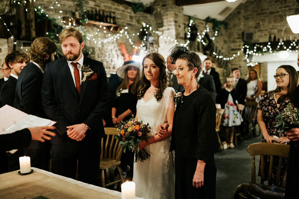 Bride Bridal Dress Cape Sleeve V Neck Lace Embellished Groom Burnt Orange Tie Black Suit Cubley Hall Wedding Photography by Charli