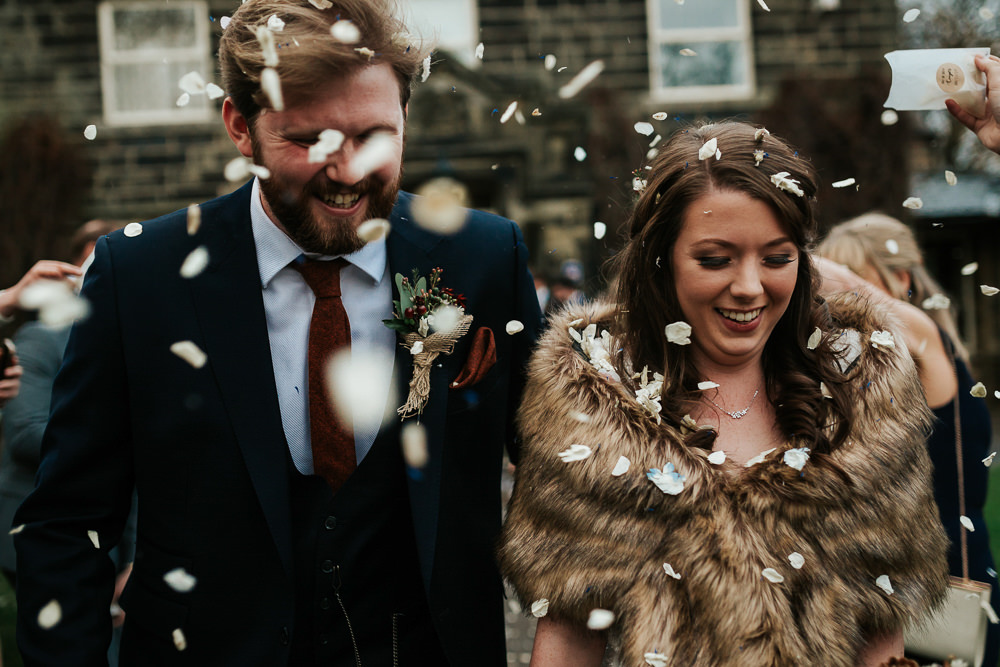 Bride Bridal Dress Cape Sleeve V Neck Lace Embellished Groom Burnt Orange Tie Black Suit Fur Cape Stole Confetti Cubley Hall Wedding Photography by Charli