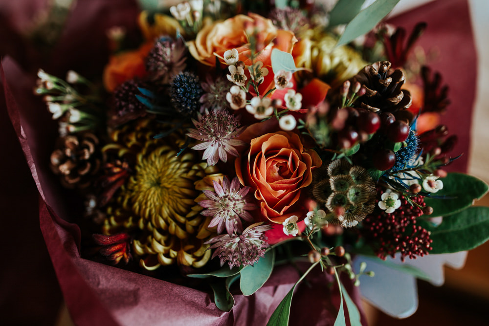 Flowers Floral Wax Flowers Rose Orange Burgundy Cubley Hall Wedding Photography by Charli
