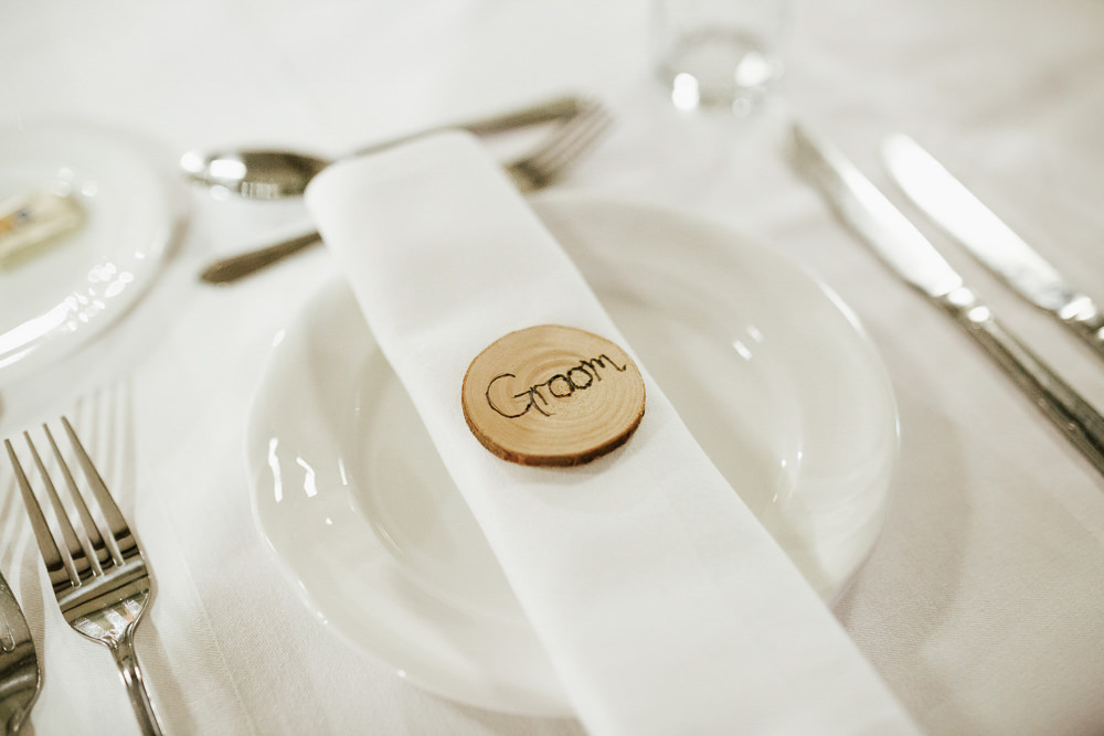 Place Card Wood Slice Cubley Hall Wedding Photography by Charli